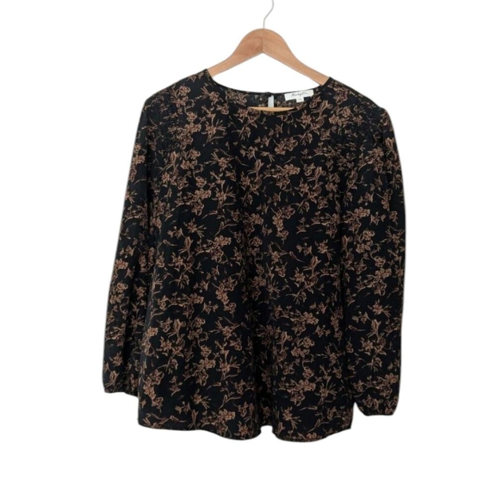Monday Fun Black Floral Printed Long Sleeve Smocked Flowy Blouse